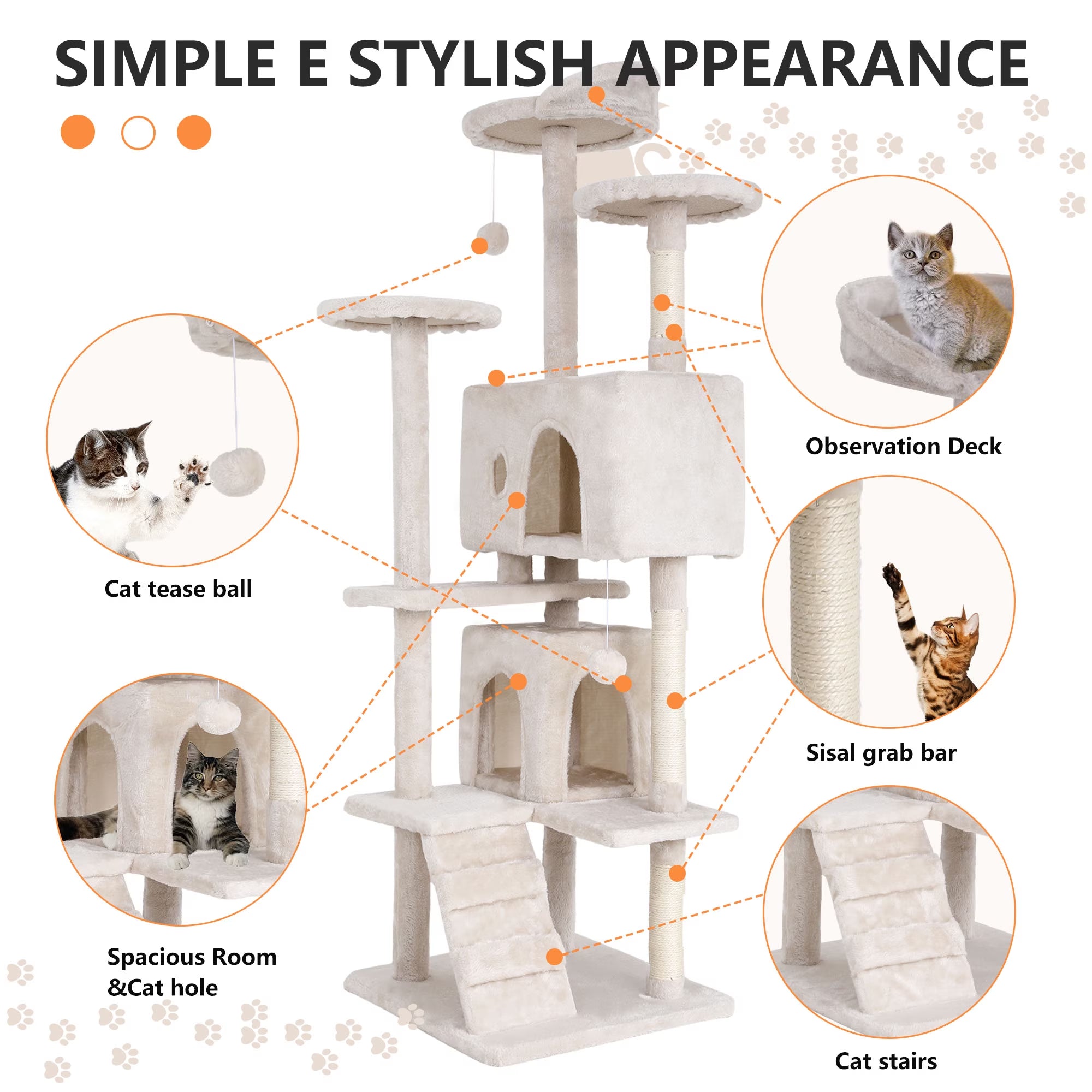 70In Cat Tree Tower for Indoor Cats,Multi-Level Cat Furniture Activity Center with Cat Scratching Posts Stand House Cat Condo with Funny Toys for Kittens Pet Play House, Beige