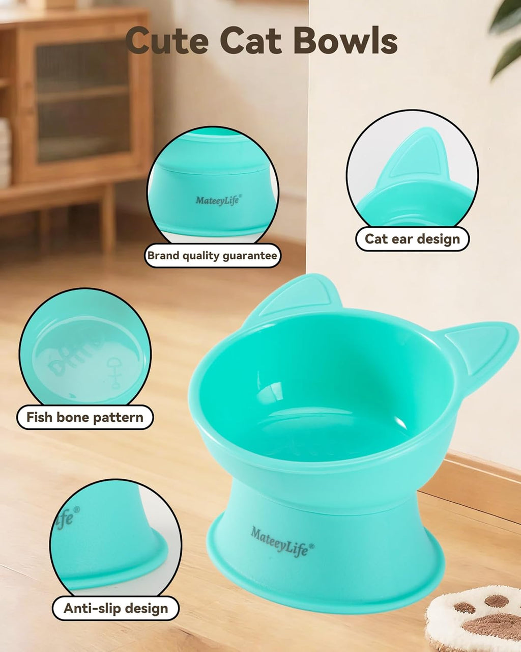Elevated Cat Bowls, 2P Raised Food and Water Bowl Set for Indoor Cats & Small Dogs, Whisker Fatigue Cat Bowl, anti Vomit Feeding Pet Bowls, 6 Oz Each, Dishwasher Safe - Pink & Green