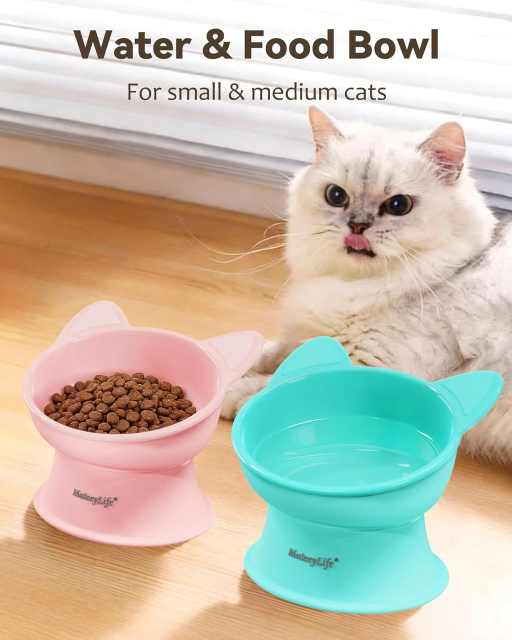 Elevated Cat Bowls, 2P Raised Food and Water Bowl Set for Indoor Cats & Small Dogs, Whisker Fatigue Cat Bowl, anti Vomit Feeding Pet Bowls, 6 Oz Each, Dishwasher Safe - Pink & Green
