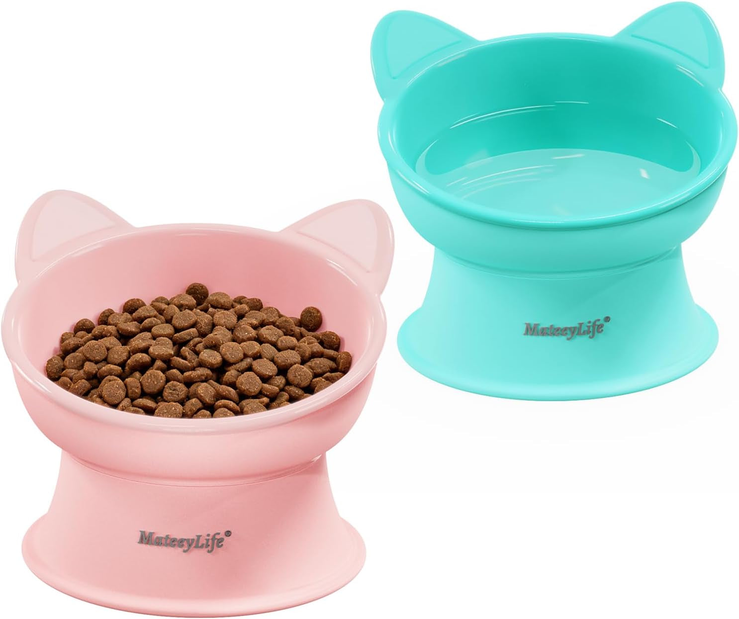 Elevated Cat Bowls, 2P Raised Food and Water Bowl Set for Indoor Cats & Small Dogs, Whisker Fatigue Cat Bowl, anti Vomit Feeding Pet Bowls, 6 Oz Each, Dishwasher Safe - Pink & Green