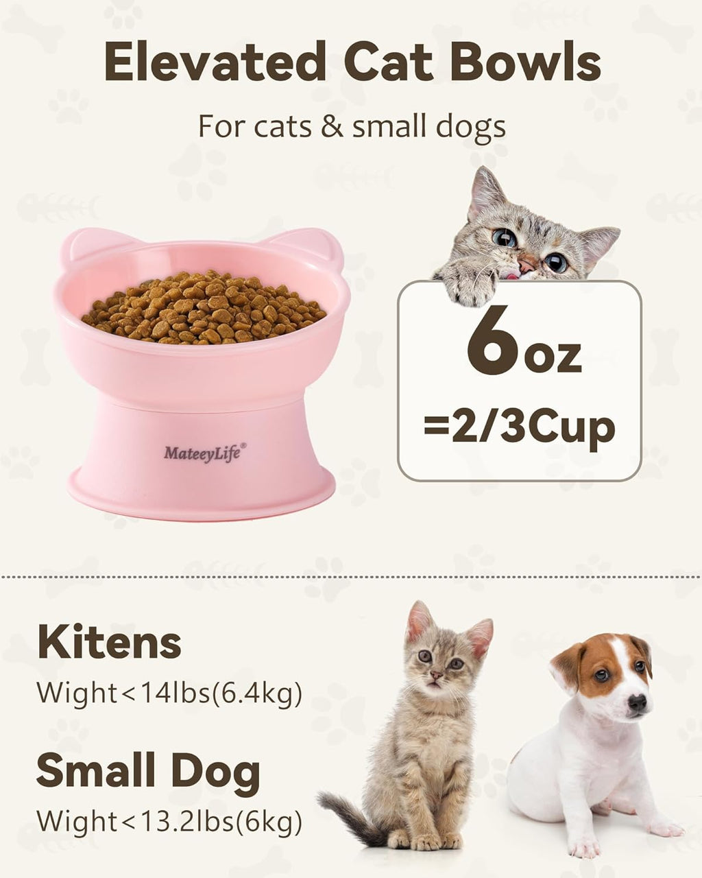 Elevated Cat Bowls, 2P Raised Food and Water Bowl Set for Indoor Cats & Small Dogs, Whisker Fatigue Cat Bowl, anti Vomit Feeding Pet Bowls, 6 Oz Each, Dishwasher Safe - Pink & Green