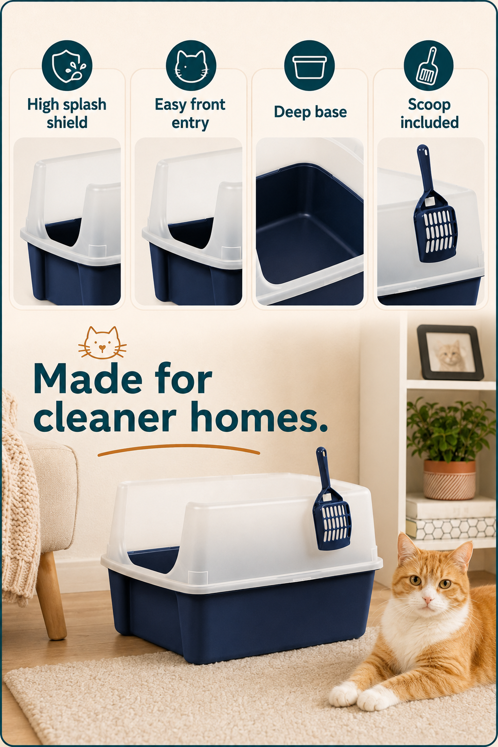 High-Sided Open-Top Litter Box with Scoop, Navy