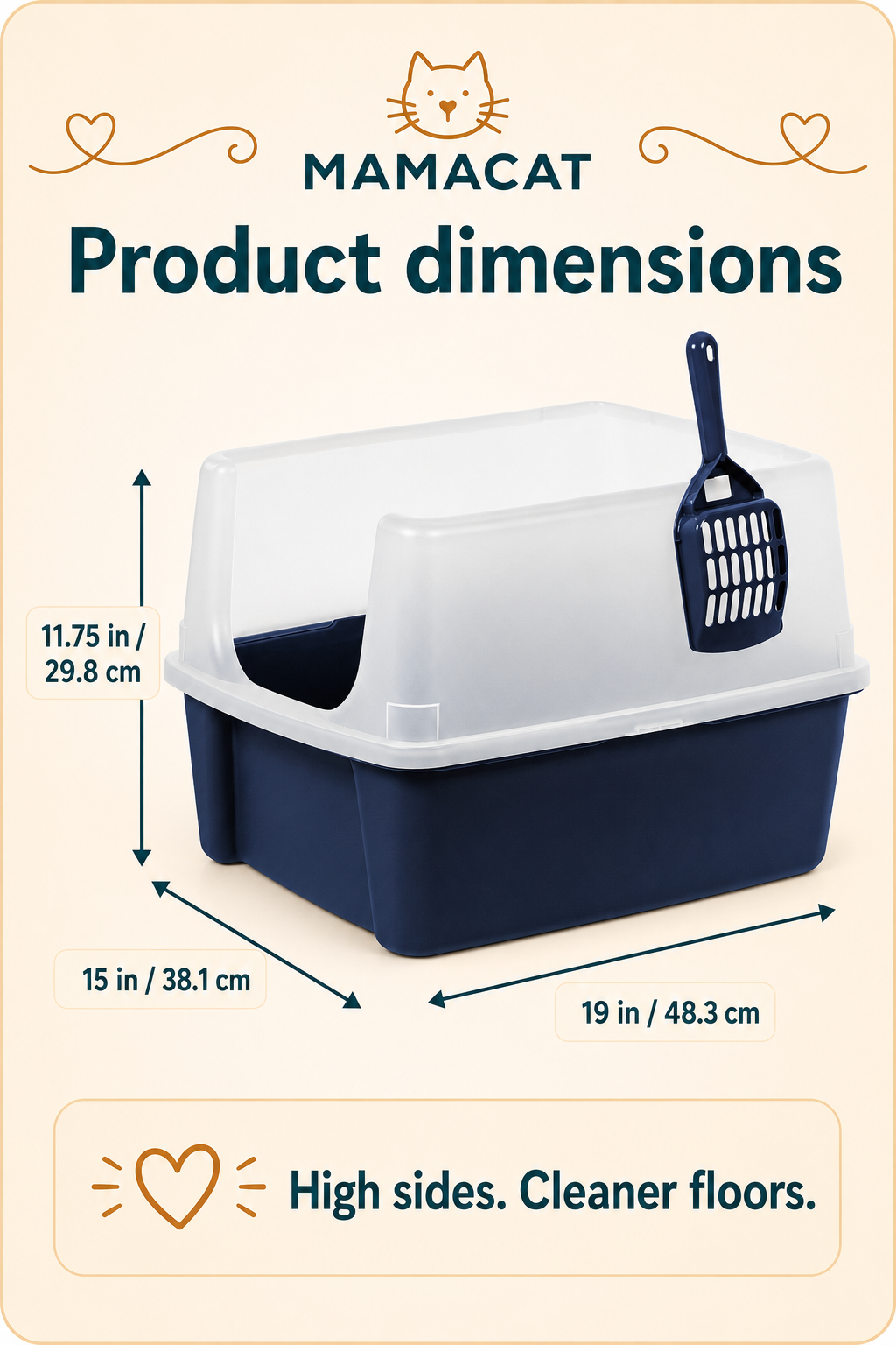 High-Sided Open-Top Litter Box with Scoop, Navy