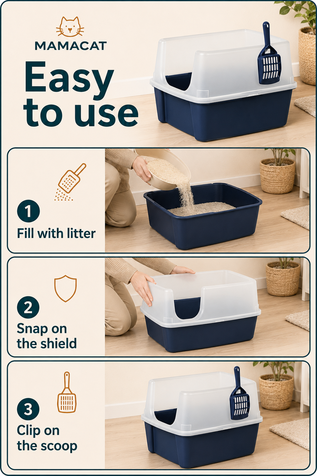 High-Sided Open-Top Litter Box with Scoop, Navy