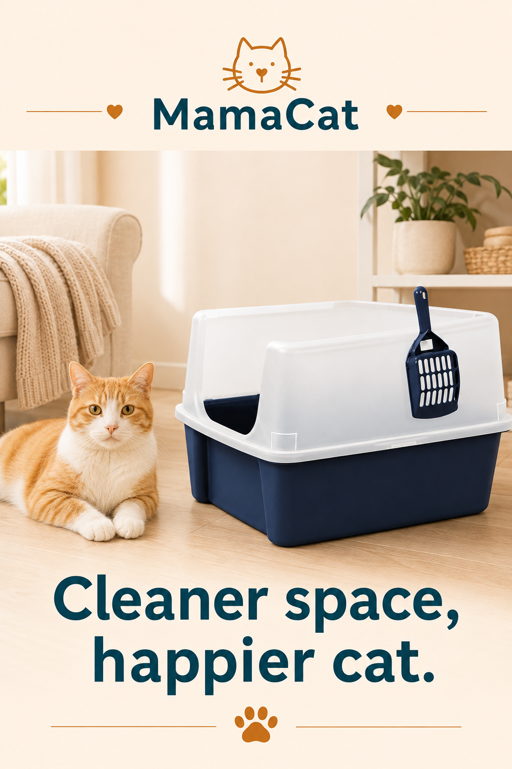 High-Sided Open-Top Litter Box with Scoop, Navy