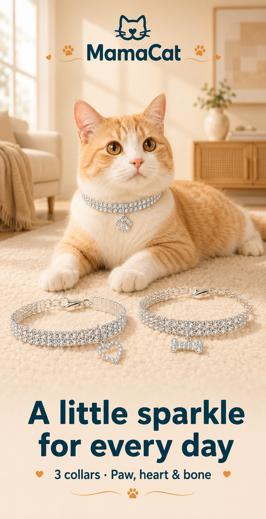 Bling Rhinestone Pet Collar, 3-Pack Glitter Crystal Cat & Small Dog Collars