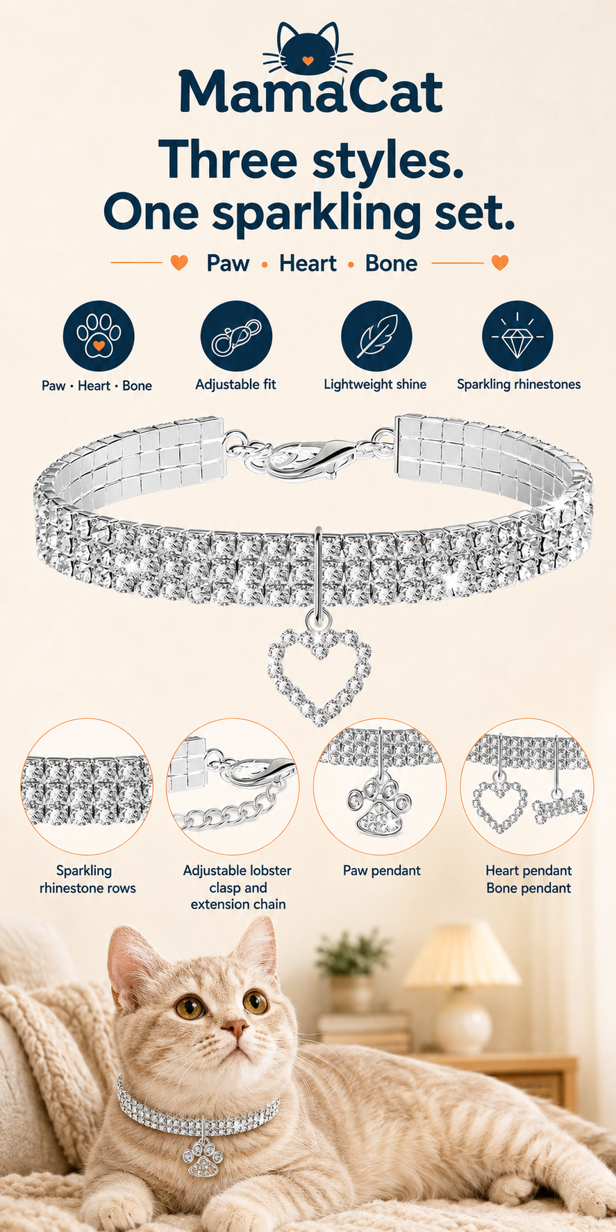 Bling Rhinestone Pet Collar, 3-Pack Glitter Crystal Cat & Small Dog Collars
