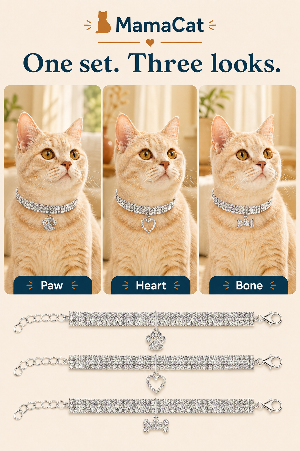 Bling Rhinestone Pet Collar, 3-Pack Glitter Crystal Cat & Small Dog Collars