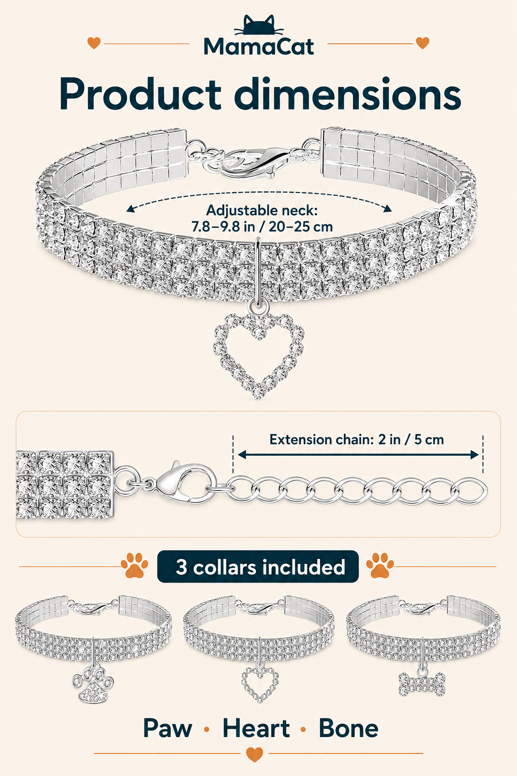 Bling Rhinestone Pet Collar, 3-Pack Glitter Crystal Cat & Small Dog Collars