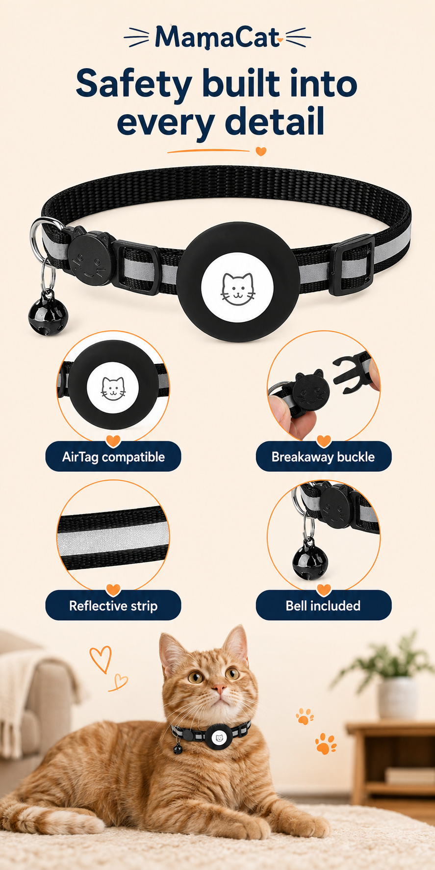 Breakaway AirTag Cat Collar, 2-Pack Reflective Collar with Bell