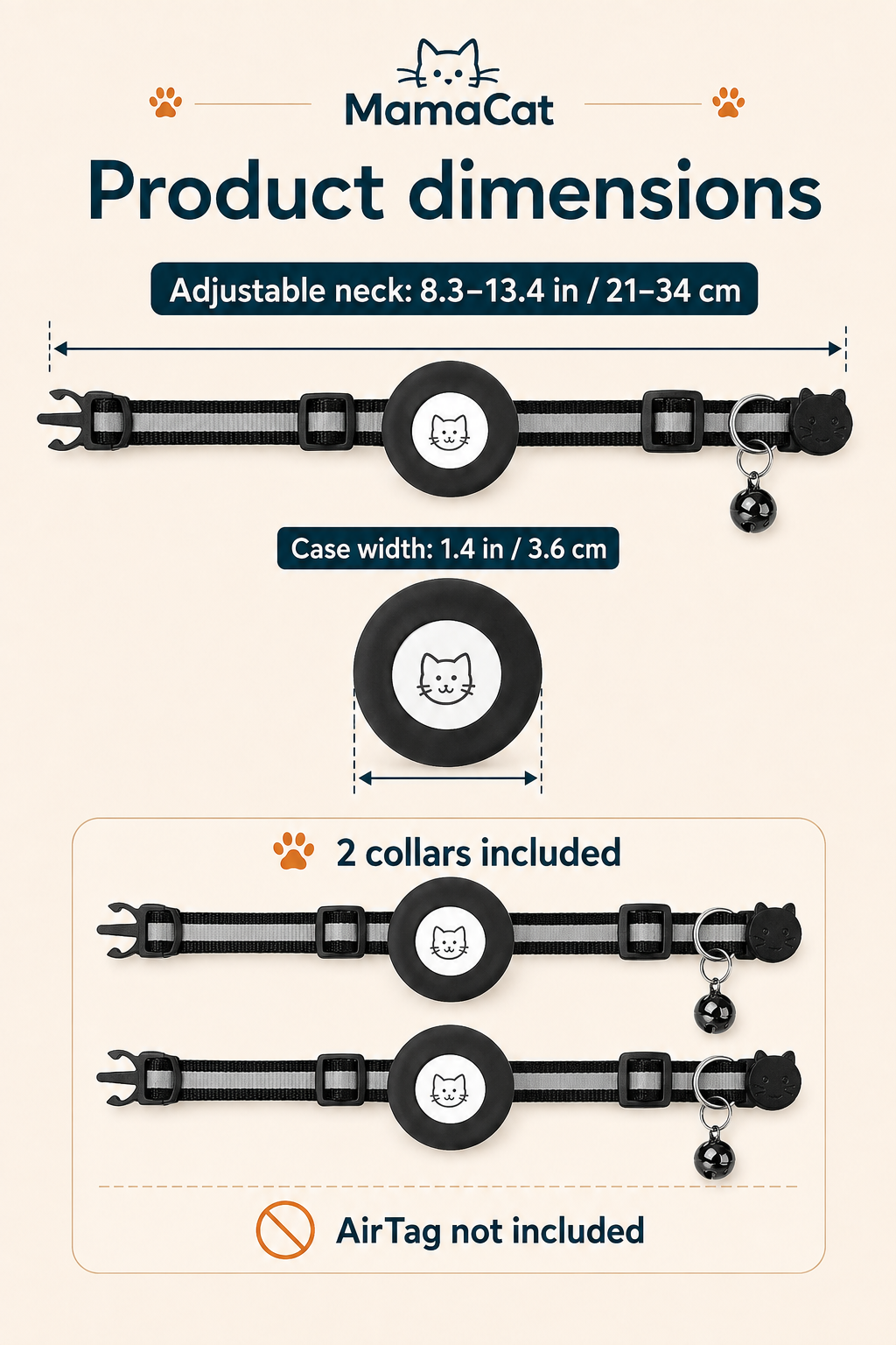 Breakaway AirTag Cat Collar, 2-Pack Reflective Collar with Bell