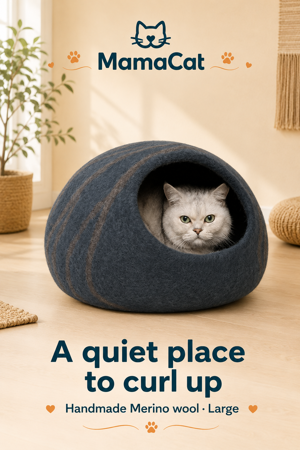 Cat Cave, Premium Handmade Felt Bed Enclosure with Merino Wool