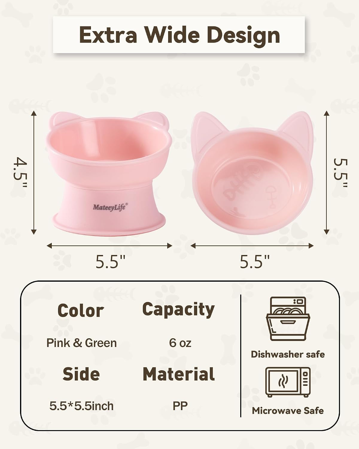 Elevated Cat Bowls, 2P Raised Food and Water Bowl Set for Indoor Cats & Small Dogs, Whisker Fatigue Cat Bowl, anti Vomit Feeding Pet Bowls, 6 Oz Each, Dishwasher Safe - Pink & Green