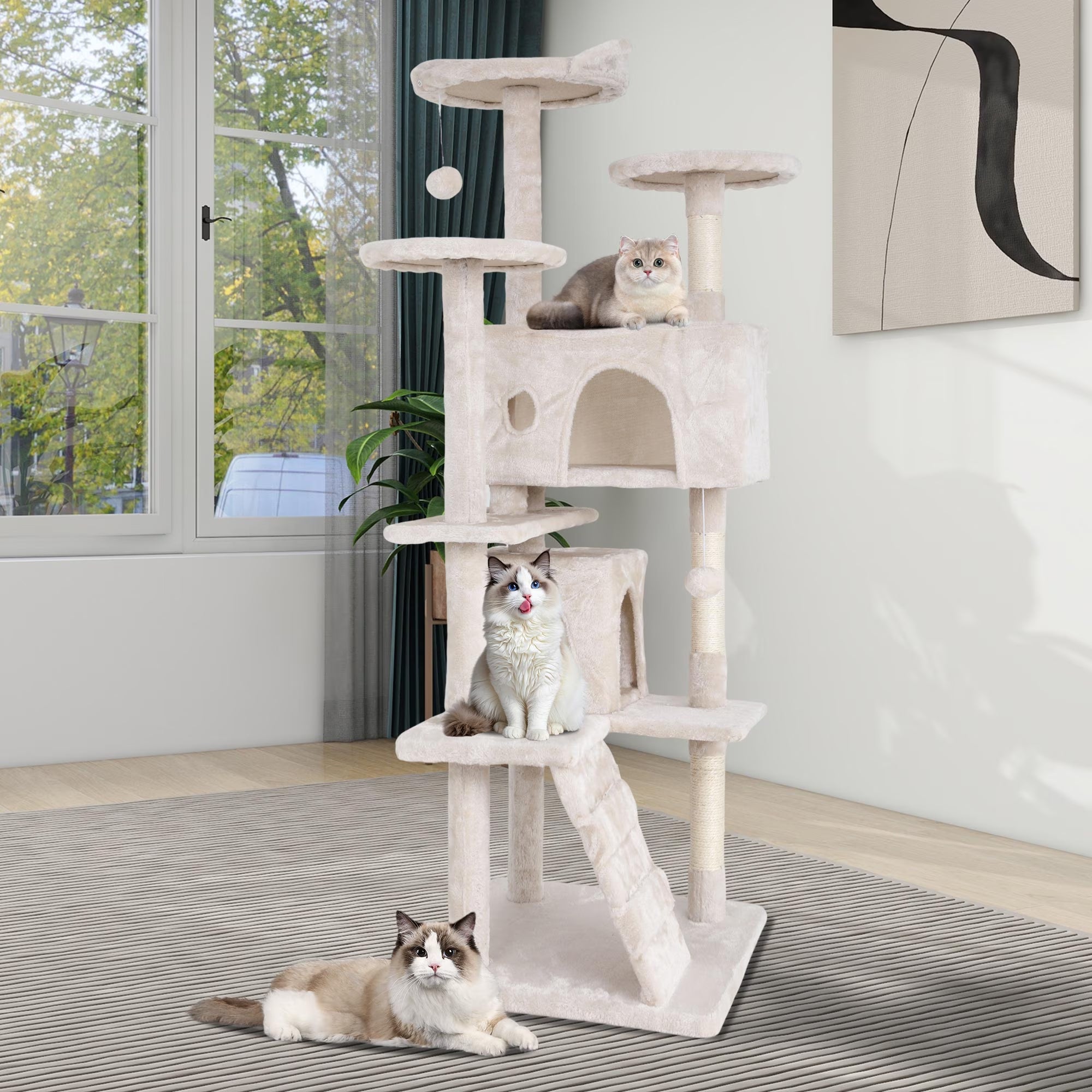 70In Cat Tree Tower for Indoor Cats,Multi-Level Cat Furniture Activity Center with Cat Scratching Posts Stand House Cat Condo with Funny Toys for Kittens Pet Play House, Beige